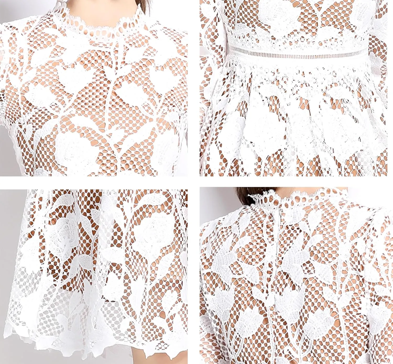 LAI MENG FIVE CATS Womens 3/4 Sleeve Flowy Lace Floral Elegant Crew Neck Crochet Waist Party Dress