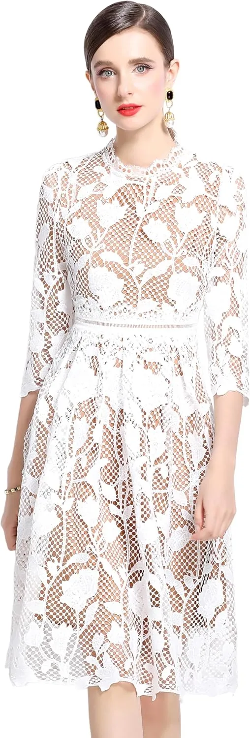 LAI MENG FIVE CATS Womens 3/4 Sleeve Flowy Lace Floral Elegant Crew Neck Crochet Waist Party Dress