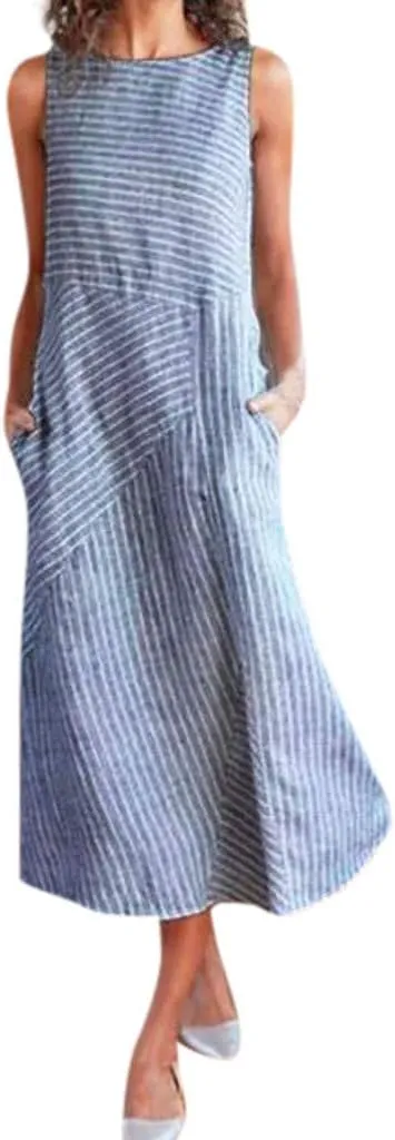 Linen Dress for Women 2025 Summer Sleeveless Maxi Dress Business Sundresses Vacation Dresses Long Dresses with Pockect