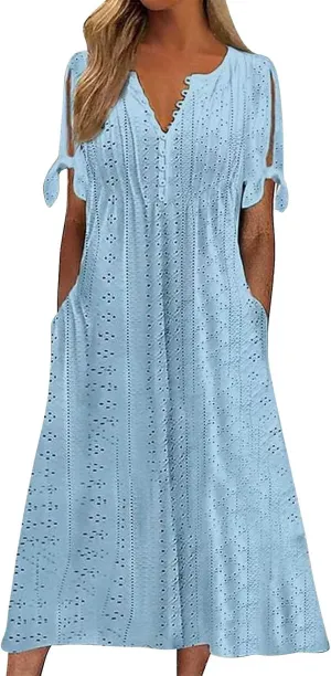 Long Maxi Long Dresses for Women 2025 Trendy Short Sleeve Eyelet Tshirt Dress Casual Summer Beach Vacation Sundresses