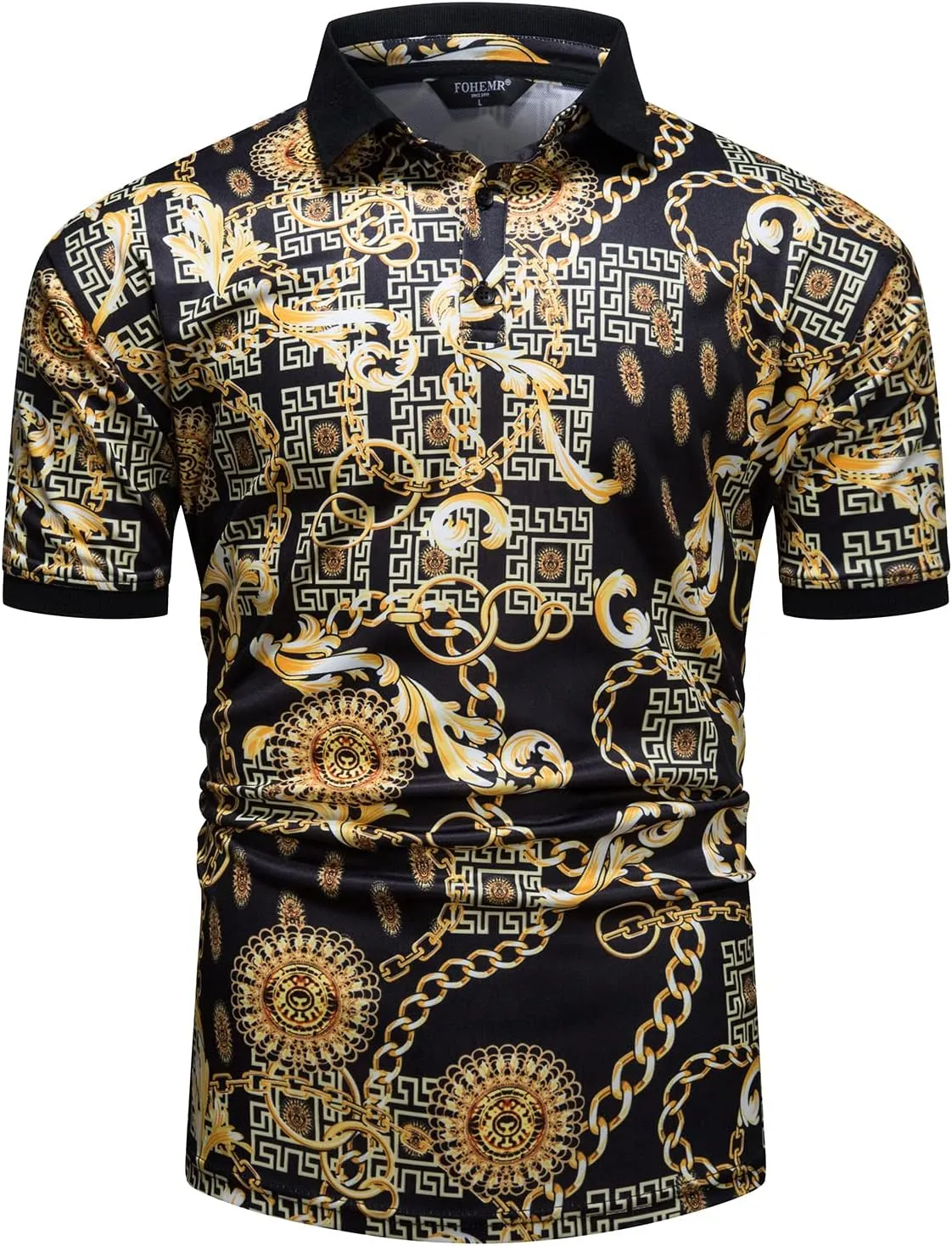 Mens Luxury Polo Shirts Black Gold Short Sleeve Baroque Chain Print Casual Wicking Golf Flower T-Shirt