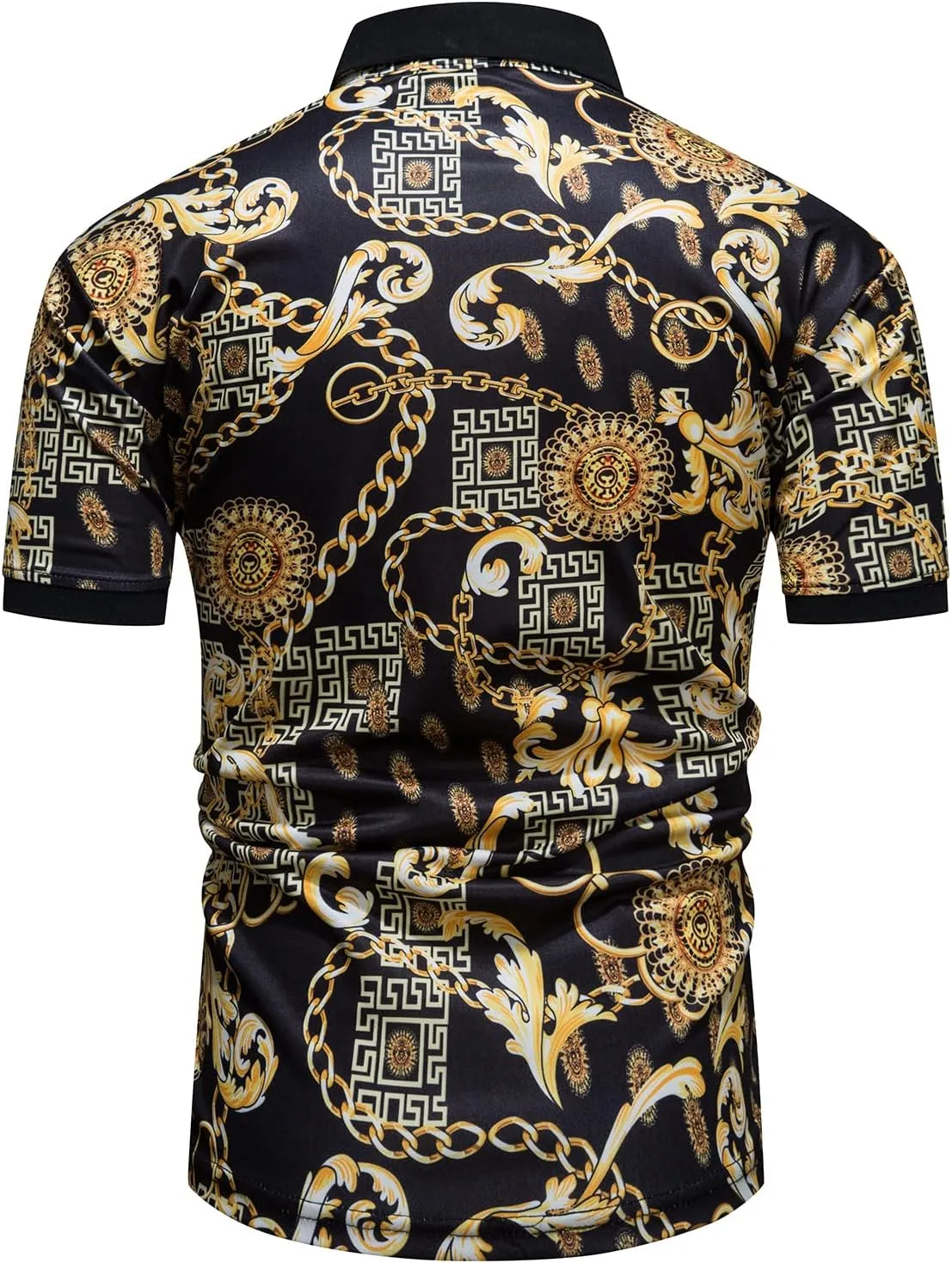 Mens Luxury Polo Shirts Black Gold Short Sleeve Baroque Chain Print Casual Wicking Golf Flower T-Shirt