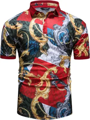 Mens Luxury Polo Shirts Black Gold Short Sleeve Baroque Chain Print Casual Wicking Golf Flower T-Shirt