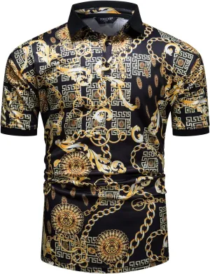 Mens Luxury Polo Shirts Black Gold Short Sleeve Baroque Chain Print Casual Wicking Golf Flower T-Shirt