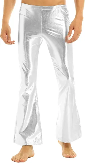 Mens Shiny Metallic Faux Leather Disco Trousers Bell Bottoms Flared Long Pants Disco Dance Pants