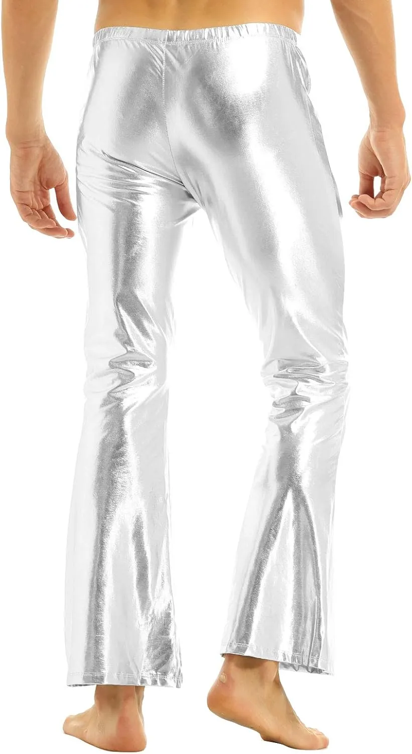 Mens Shiny Metallic Faux Leather Disco Trousers Bell Bottoms Flared Long Pants Disco Dance Pants