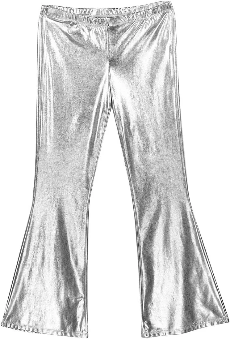 Mens Shiny Metallic Faux Leather Disco Trousers Bell Bottoms Flared Long Pants Disco Dance Pants