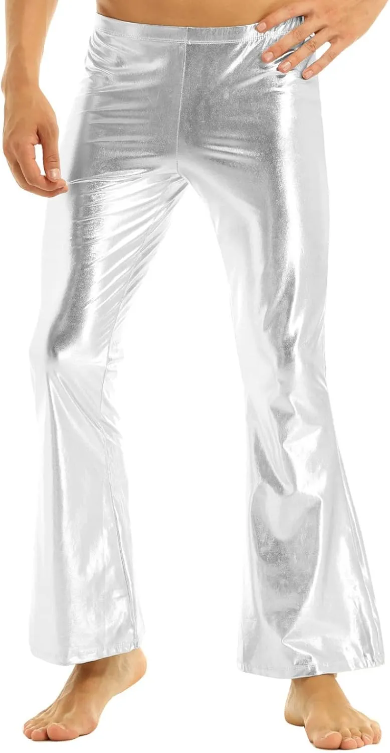 Mens Shiny Metallic Faux Leather Disco Trousers Bell Bottoms Flared Long Pants Disco Dance Pants