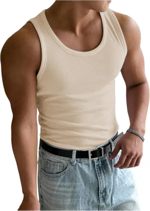 Men's Summer Tank Top Scoop Neck Knit Gym Workout Muscle Tank Undershirt Sleeveless Shirts