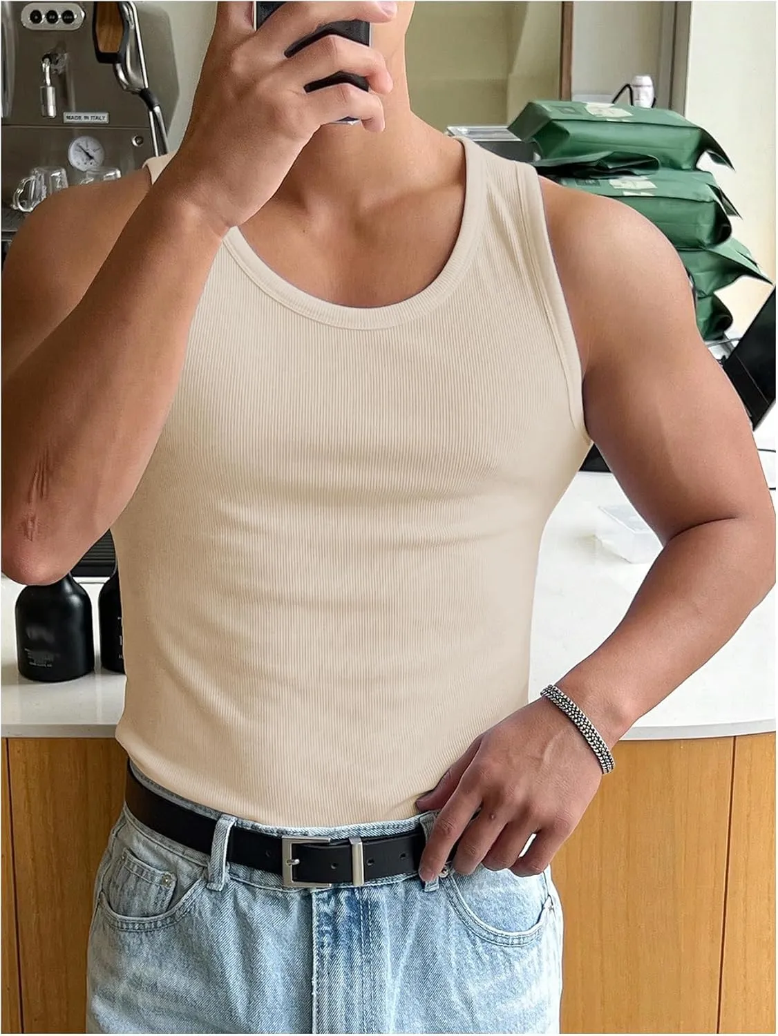 Men's Summer Tank Top Scoop Neck Knit Gym Workout Muscle Tank Undershirt Sleeveless Shirts