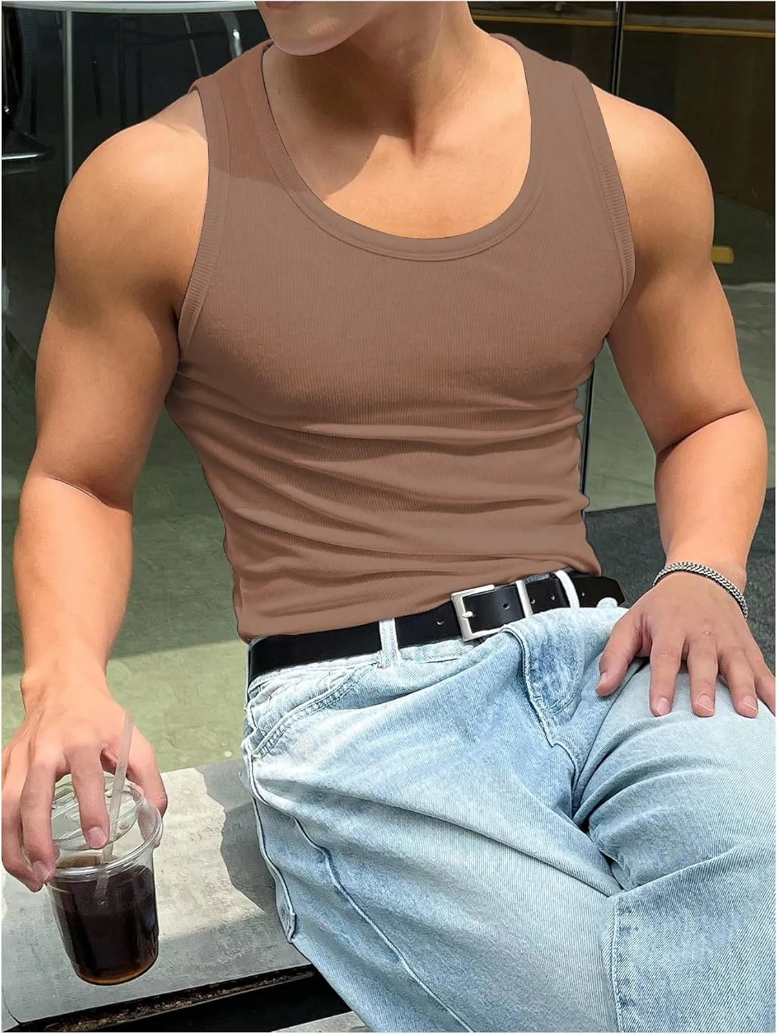 Men's Summer Tank Top Scoop Neck Knit Gym Workout Muscle Tank Undershirt Sleeveless Shirts