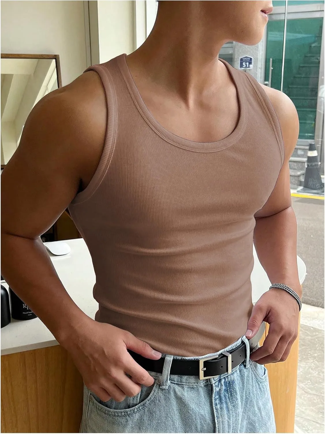 Men's Summer Tank Top Scoop Neck Knit Gym Workout Muscle Tank Undershirt Sleeveless Shirts