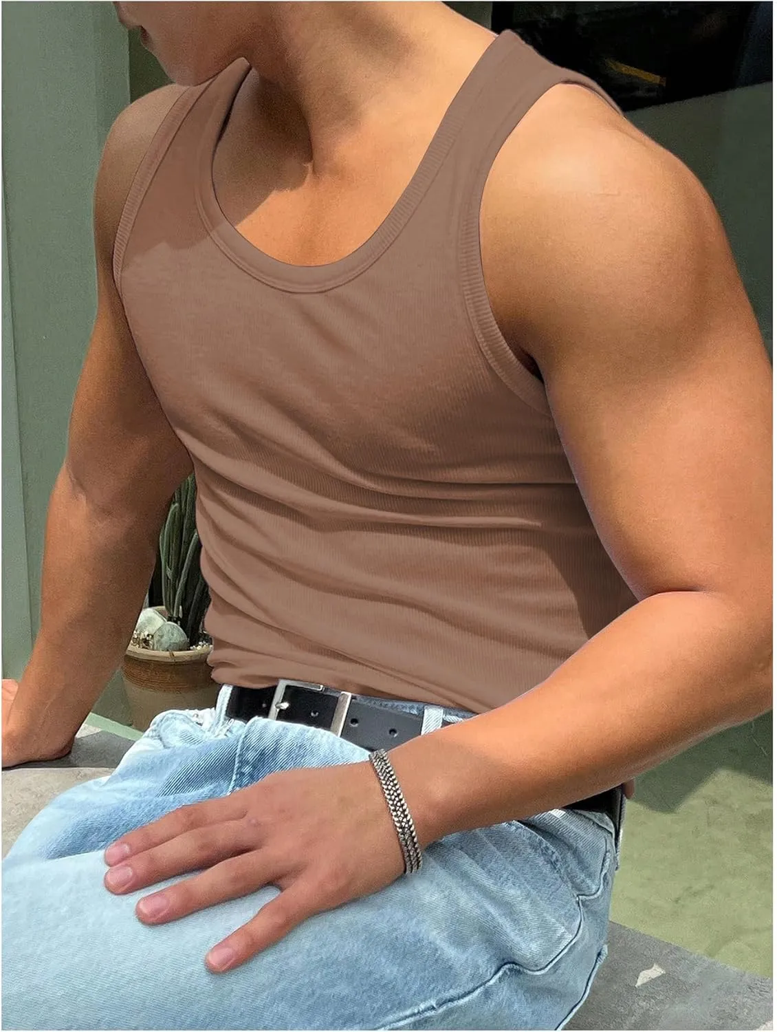 Men's Summer Tank Top Scoop Neck Knit Gym Workout Muscle Tank Undershirt Sleeveless Shirts