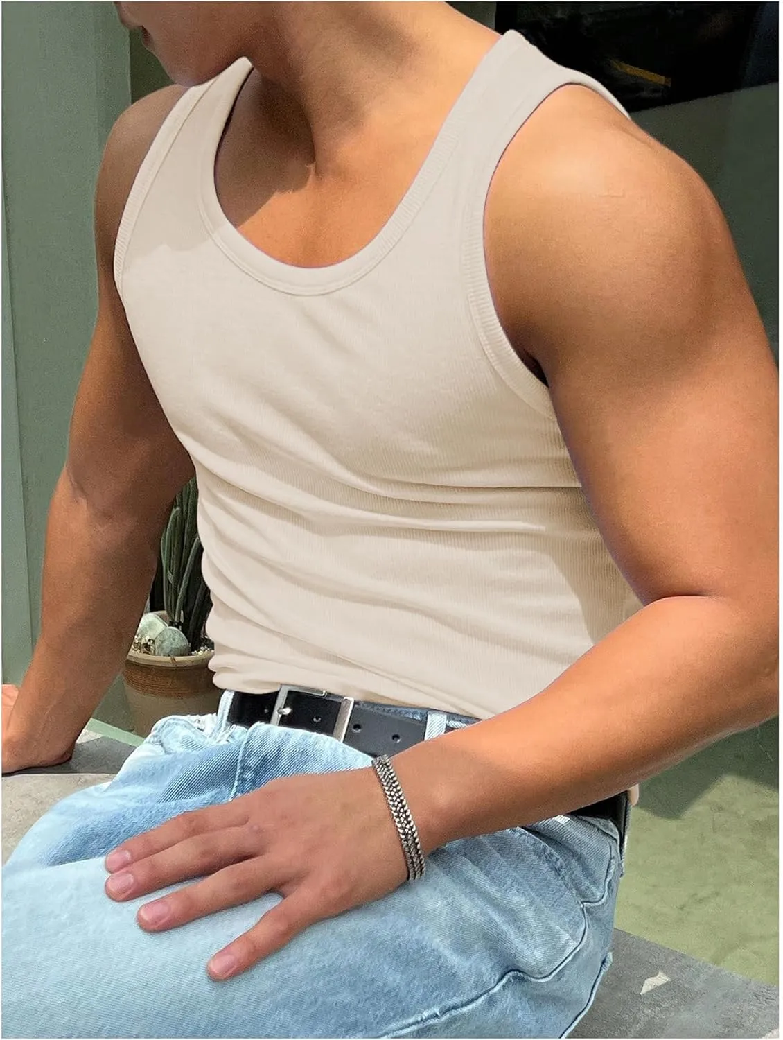 Men's Summer Tank Top Scoop Neck Knit Gym Workout Muscle Tank Undershirt Sleeveless Shirts