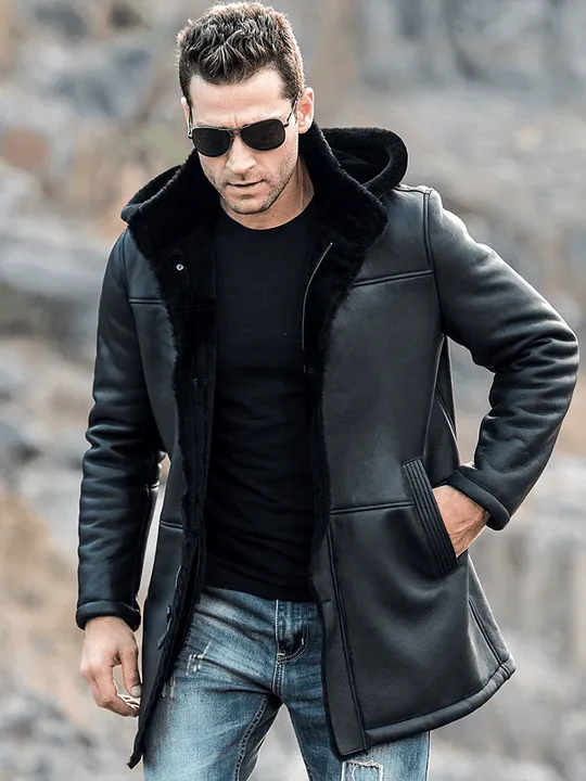 Men's Trench Faux Shearling Hooded Style Leather Coat by TJS