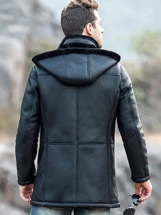 Men's Trench Faux Shearling Hooded Style Leather Coat by TJS