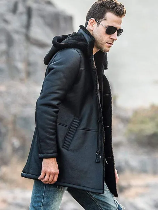 Men's Trench Faux Shearling Hooded Style Leather Coat by TJS