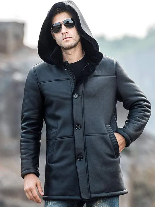 Men's Trench Faux Shearling Hooded Style Leather Coat by TJS
