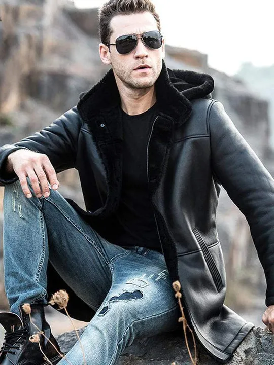 Men's Trench Faux Shearling Hooded Style Leather Coat by TJS