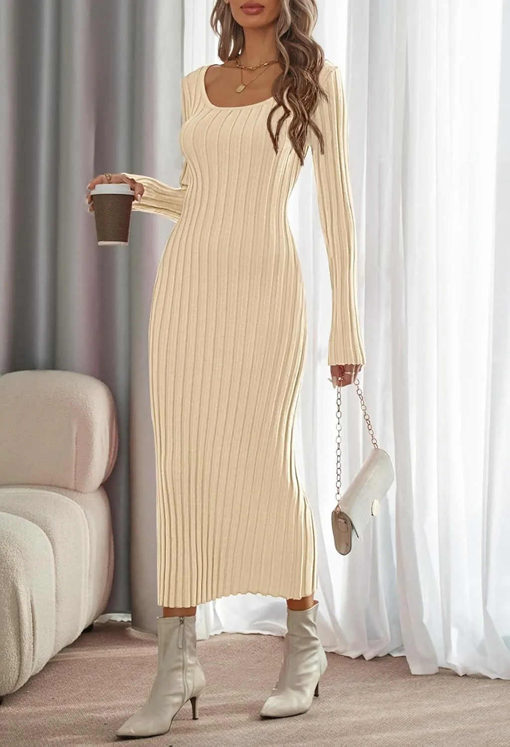 MEROKEETY Women's Fall Long Sleeve Sweater Dress Casual Ribbed Knit Slim Fit Bodycon Maxi Dresses