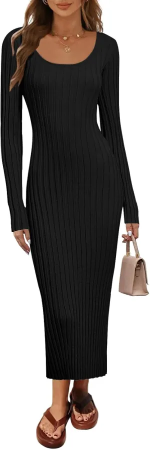 MEROKEETY Women's Fall Long Sleeve Sweater Dress Casual Ribbed Knit Slim Fit Bodycon Maxi Dresses