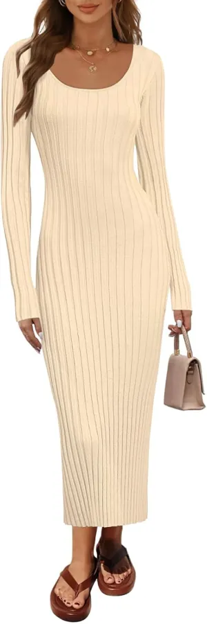 MEROKEETY Women's Fall Long Sleeve Sweater Dress Casual Ribbed Knit Slim Fit Bodycon Maxi Dresses