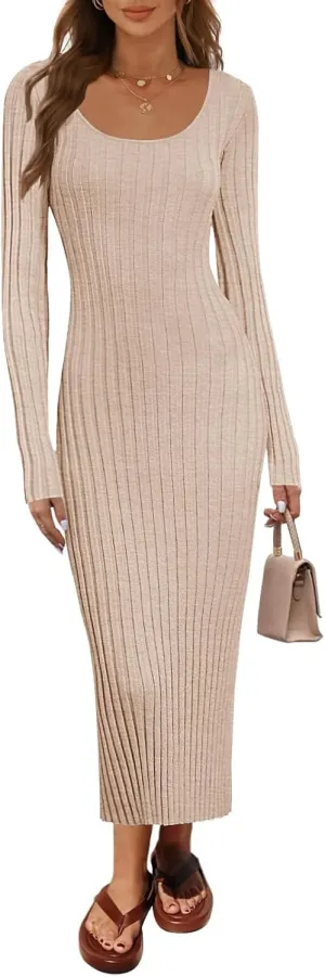 MEROKEETY Women's Fall Long Sleeve Sweater Dress Casual Ribbed Knit Slim Fit Bodycon Maxi Dresses