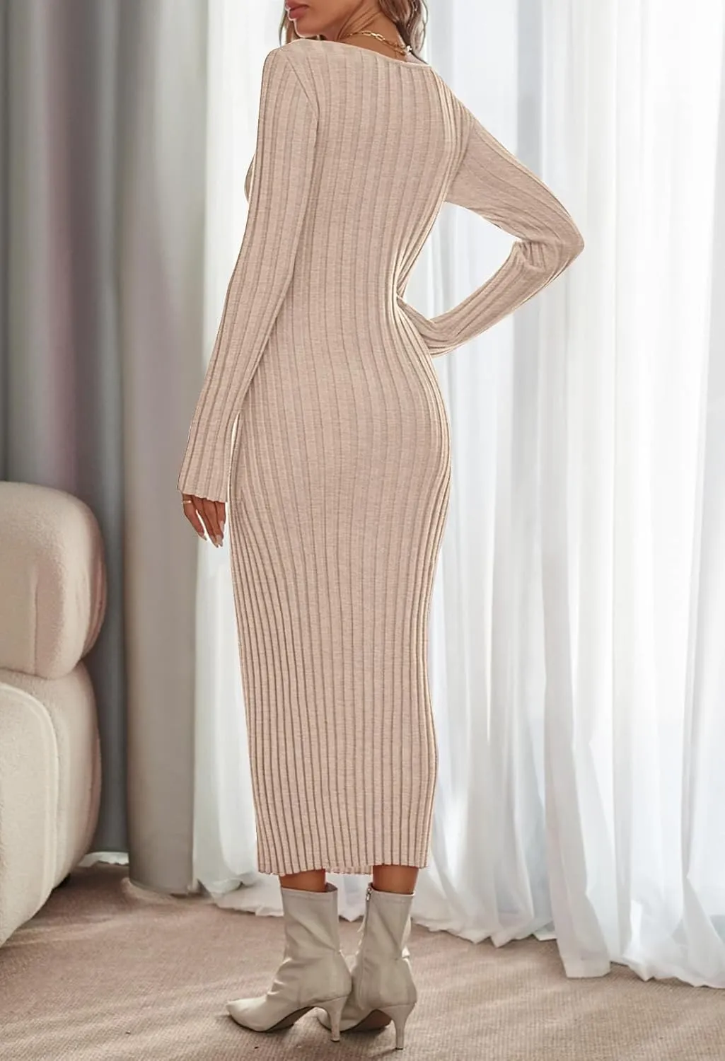MEROKEETY Women's Fall Long Sleeve Sweater Dress Casual Ribbed Knit Slim Fit Bodycon Maxi Dresses
