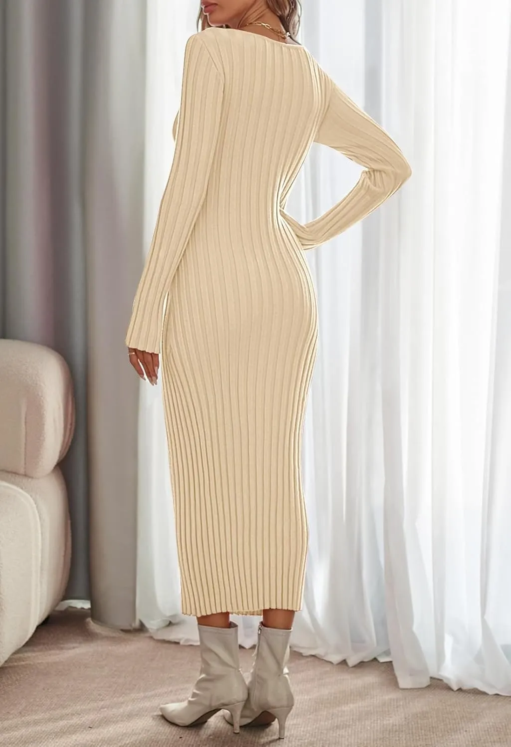 MEROKEETY Women's Fall Long Sleeve Sweater Dress Casual Ribbed Knit Slim Fit Bodycon Maxi Dresses