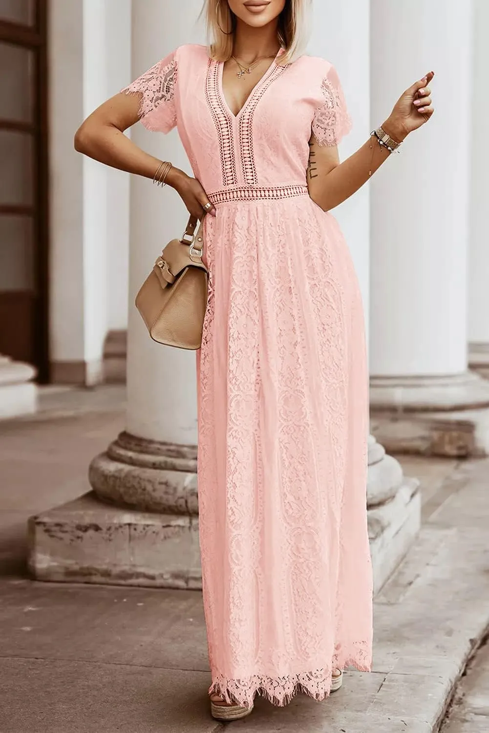 MEROKEETY Women's V Neck Short Sleeve Floral Lace Wedding Dress Bridesmaid Cocktail Party Maxi Dress