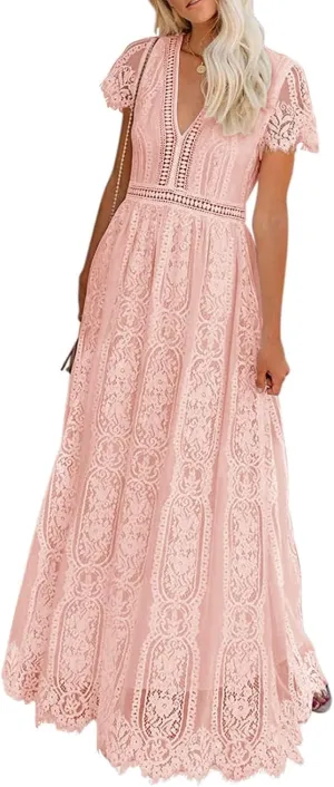 MEROKEETY Women's V Neck Short Sleeve Floral Lace Wedding Dress Bridesmaid Cocktail Party Maxi Dress
