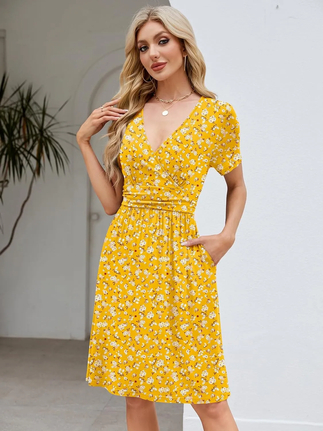 Naggoo Womens Summer Dresses for Women 2025 Spring Floral Short Sundress Short Sleeve Wrap V Neck Casual Dress with Pockets
