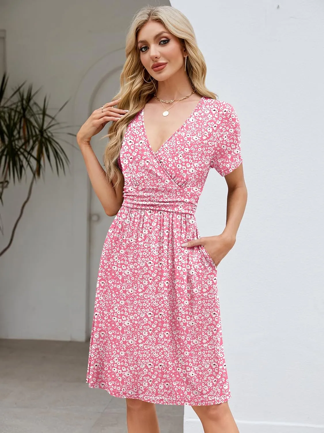 Naggoo Womens Summer Dresses for Women 2025 Spring Floral Short Sundress Short Sleeve Wrap V Neck Casual Dress with Pockets