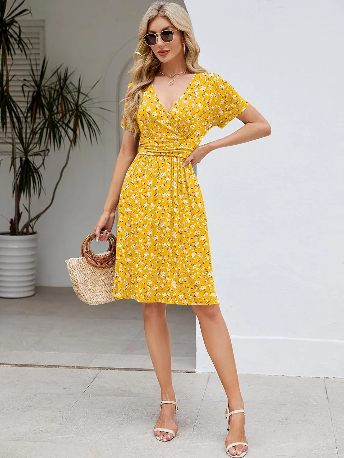 Naggoo Womens Summer Dresses for Women 2025 Spring Floral Short Sundress Short Sleeve Wrap V Neck Casual Dress with Pockets