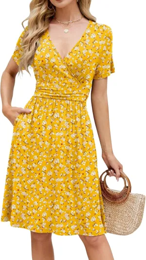 Naggoo Womens Summer Dresses for Women 2025 Spring Floral Short Sundress Short Sleeve Wrap V Neck Casual Dress with Pockets