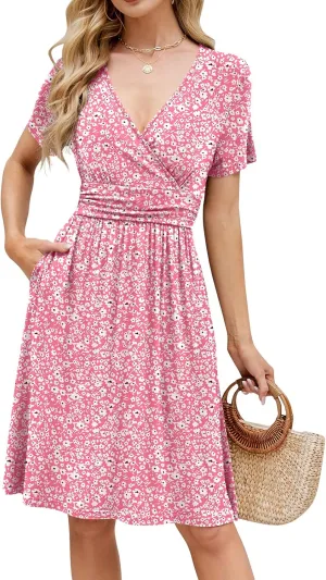 Naggoo Womens Summer Dresses for Women 2025 Spring Floral Short Sundress Short Sleeve Wrap V Neck Casual Dress with Pockets