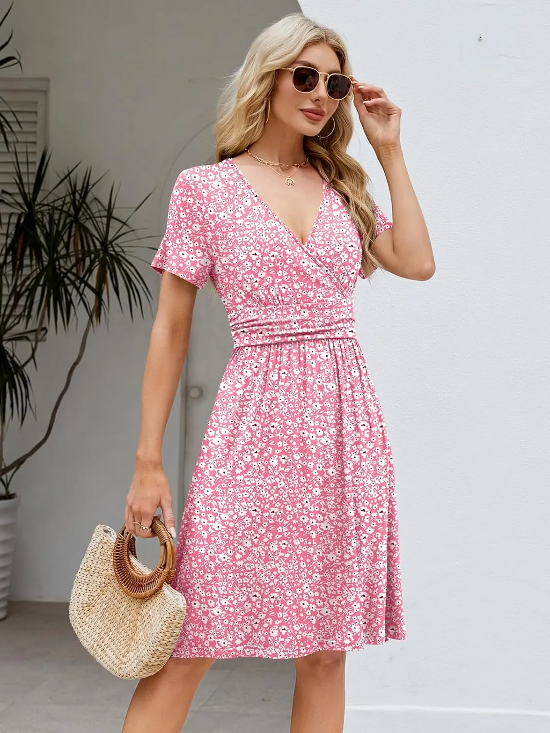 Naggoo Womens Summer Dresses for Women 2025 Spring Floral Short Sundress Short Sleeve Wrap V Neck Casual Dress with Pockets