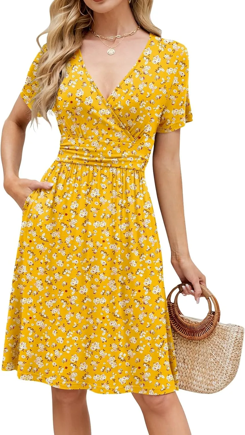 Naggoo Womens Summer Dresses for Women 2025 Spring Floral Short Sundress Short Sleeve Wrap V Neck Casual Dress with Pockets