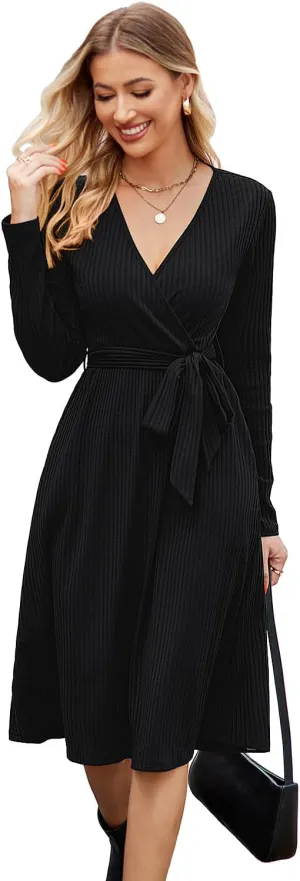 Newshows Womens 2024 Fall Sweater Dress Long Sleeve Business Casual Outfits V Neck Ribbed Knit Belt Trendy with Pockets
