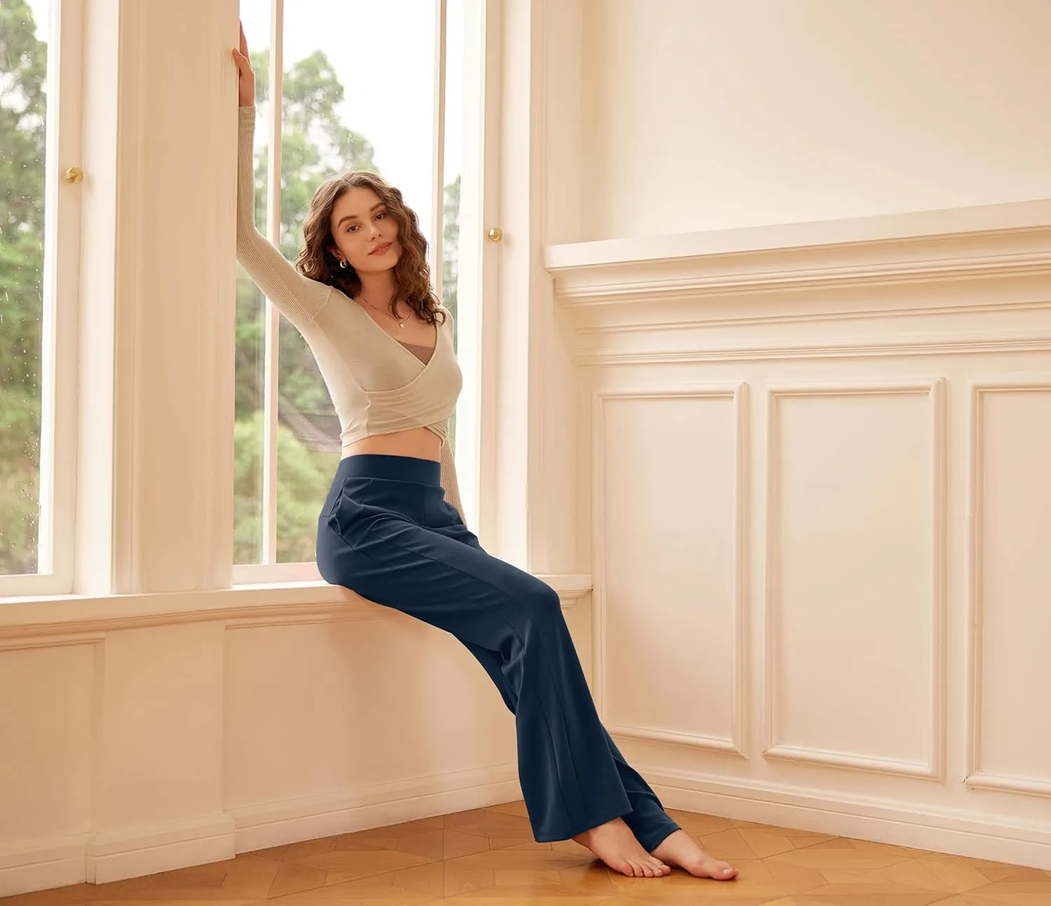 ODODOS Women's Modal Soft Mini Flared Pants with Pockets High Waist Pull-On Casual Lounge Pants-29/31" Inseam