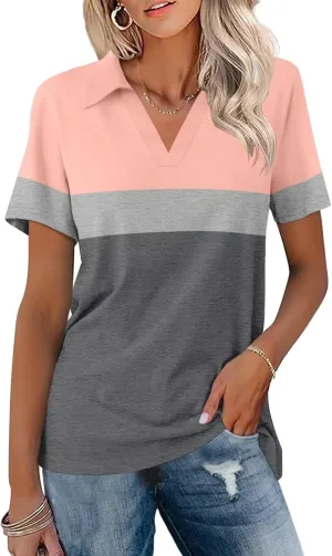 ORANDESIGNE Women's Short Sleeve V Neck Polo Shirts Summer Collared Tops Casual Loose Tees Tops