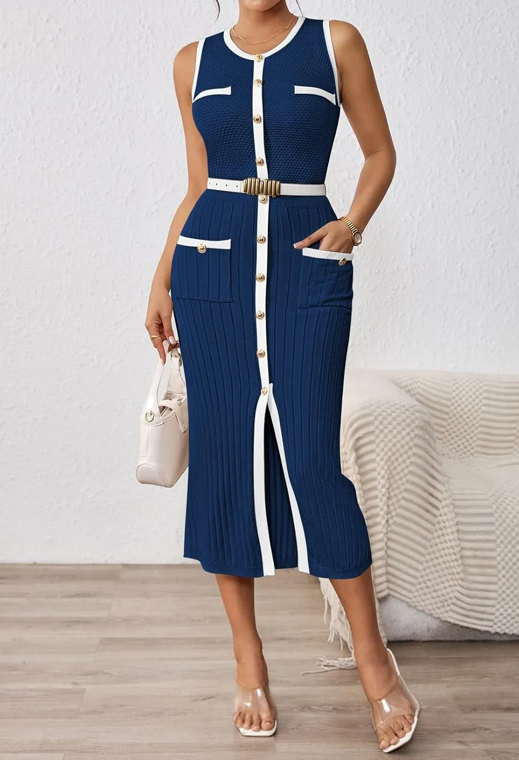 Pink Queen Women's Summer Sweater Dress Sleeveless Slim Fit Bodycon Midi Dresses
