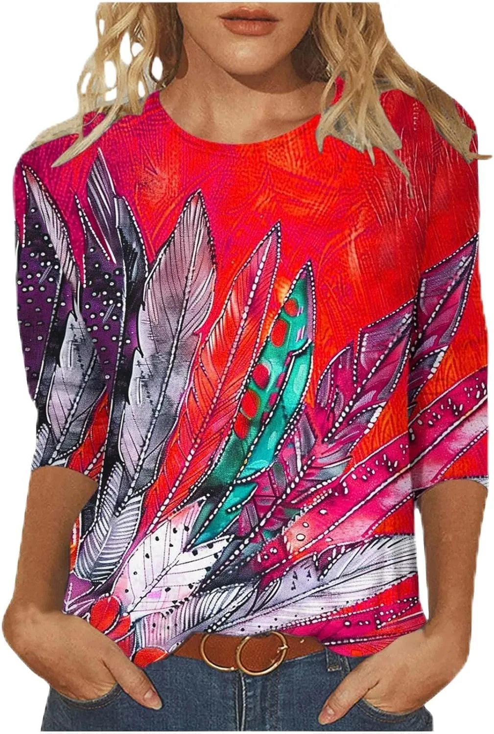Plus Size 3/4 Sleeve Tops for Women Summer Western Aztec Print Tunic Shirts Dressy Casual Loose Fit Blouses
