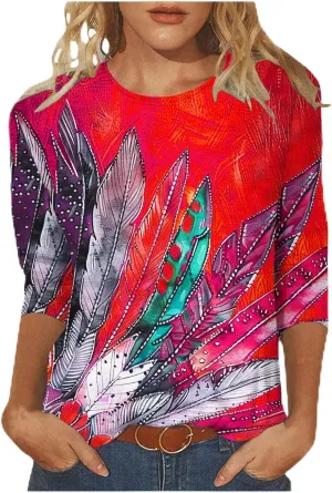 Plus Size 3/4 Sleeve Tops for Women Summer Western Aztec Print Tunic Shirts Dressy Casual Loose Fit Blouses