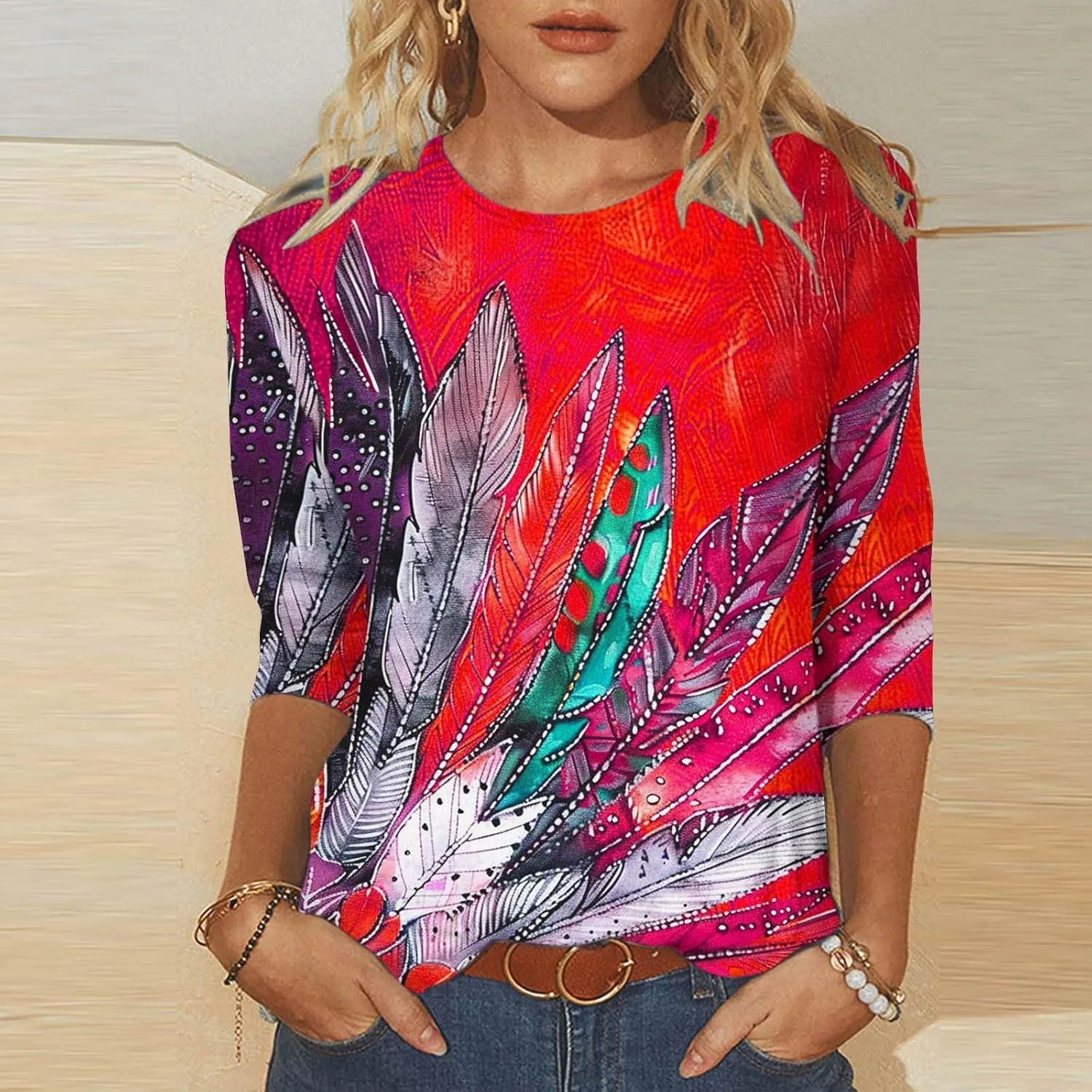 Plus Size 3/4 Sleeve Tops for Women Summer Western Aztec Print Tunic Shirts Dressy Casual Loose Fit Blouses