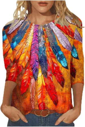 Plus Size 3/4 Sleeve Tops for Women Summer Western Aztec Print Tunic Shirts Dressy Casual Loose Fit Blouses