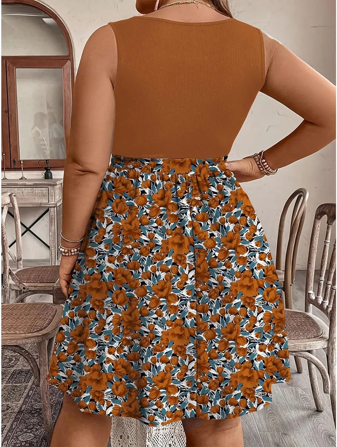 Plus Size Summer Sundress for Women Empire Waist Sleeveless Semi Formal Floral Dress Midi Length Belted Dresses