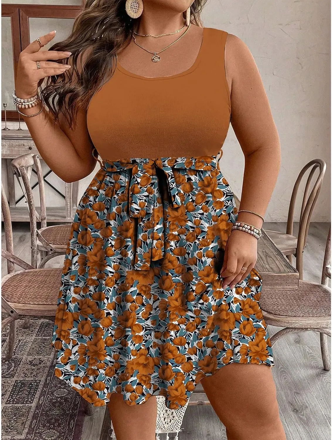 Plus Size Summer Sundress for Women Empire Waist Sleeveless Semi Formal Floral Dress Midi Length Belted Dresses