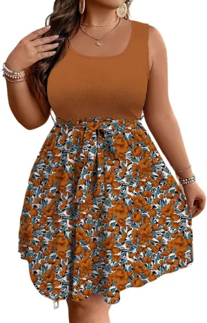 Plus Size Summer Sundress for Women Empire Waist Sleeveless Semi Formal Floral Dress Midi Length Belted Dresses