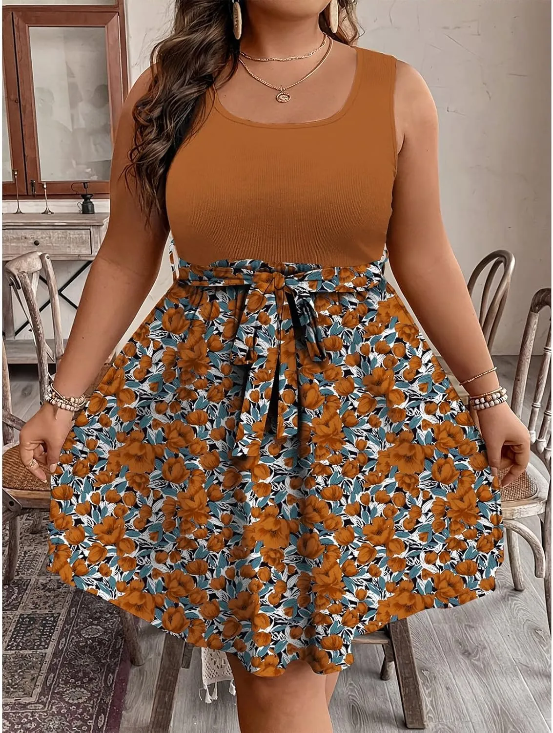 Plus Size Summer Sundress for Women Empire Waist Sleeveless Semi Formal Floral Dress Midi Length Belted Dresses